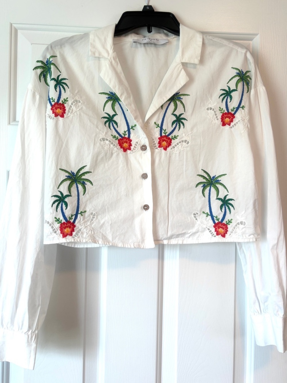 Primark White Embroidered Palm Cropped Button-Front Top - White